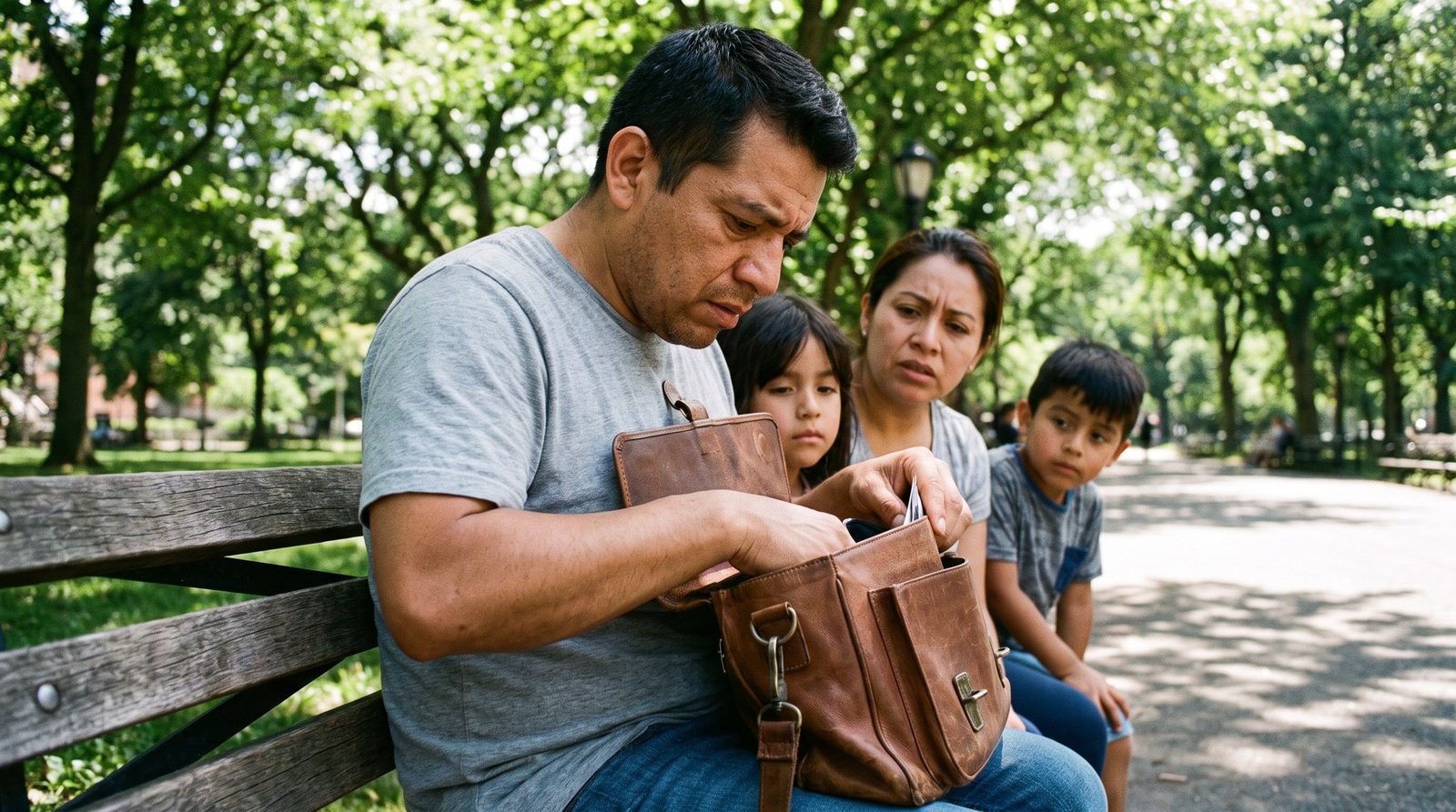 Una familia busca preocupada algo dentro de un bolso en un banco del parque