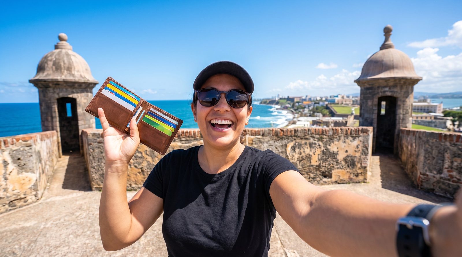 Una mujer sonríe con su cartera en la mano junto a una garita de El Morro