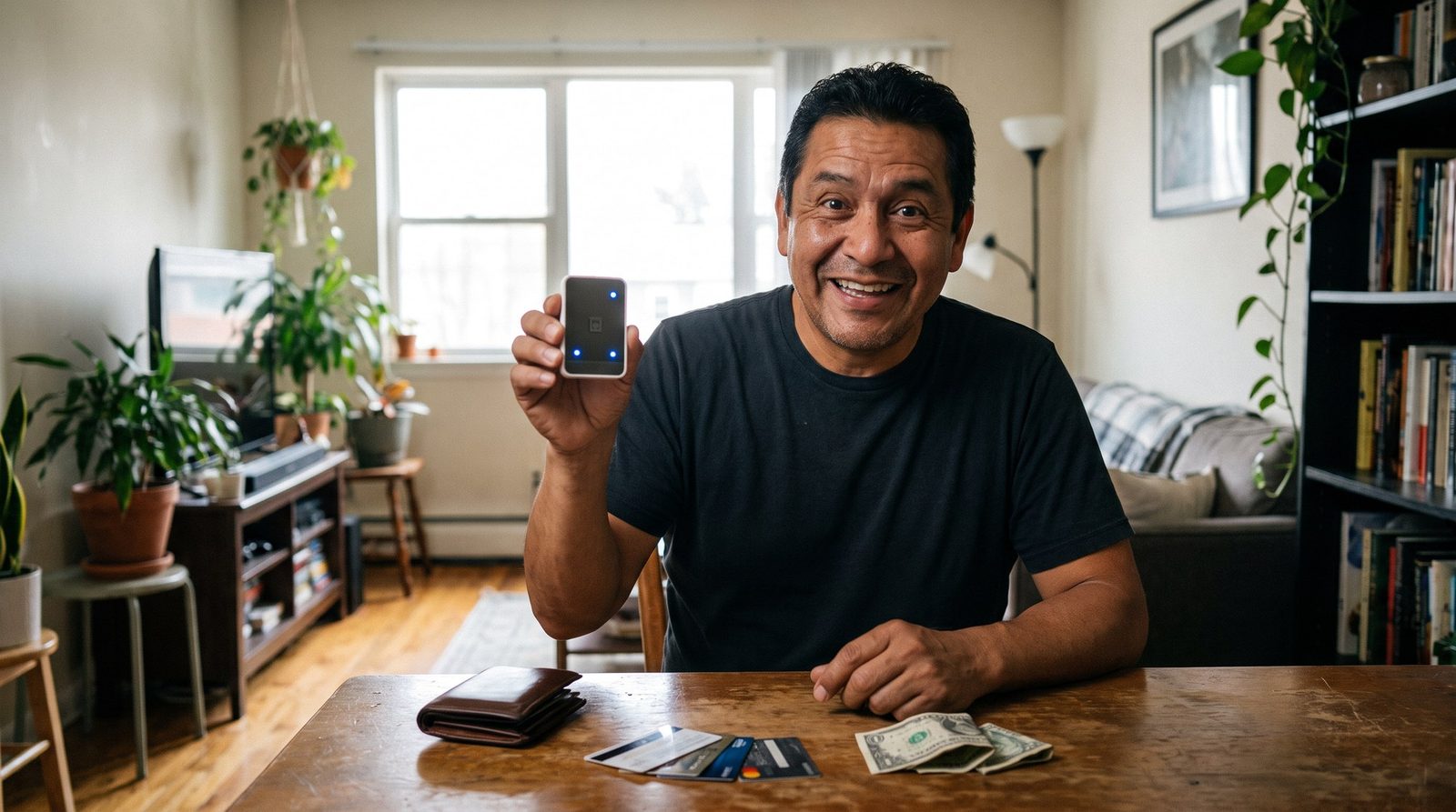 Un señor muestra su teléfono con la cartera sobre la mesa
