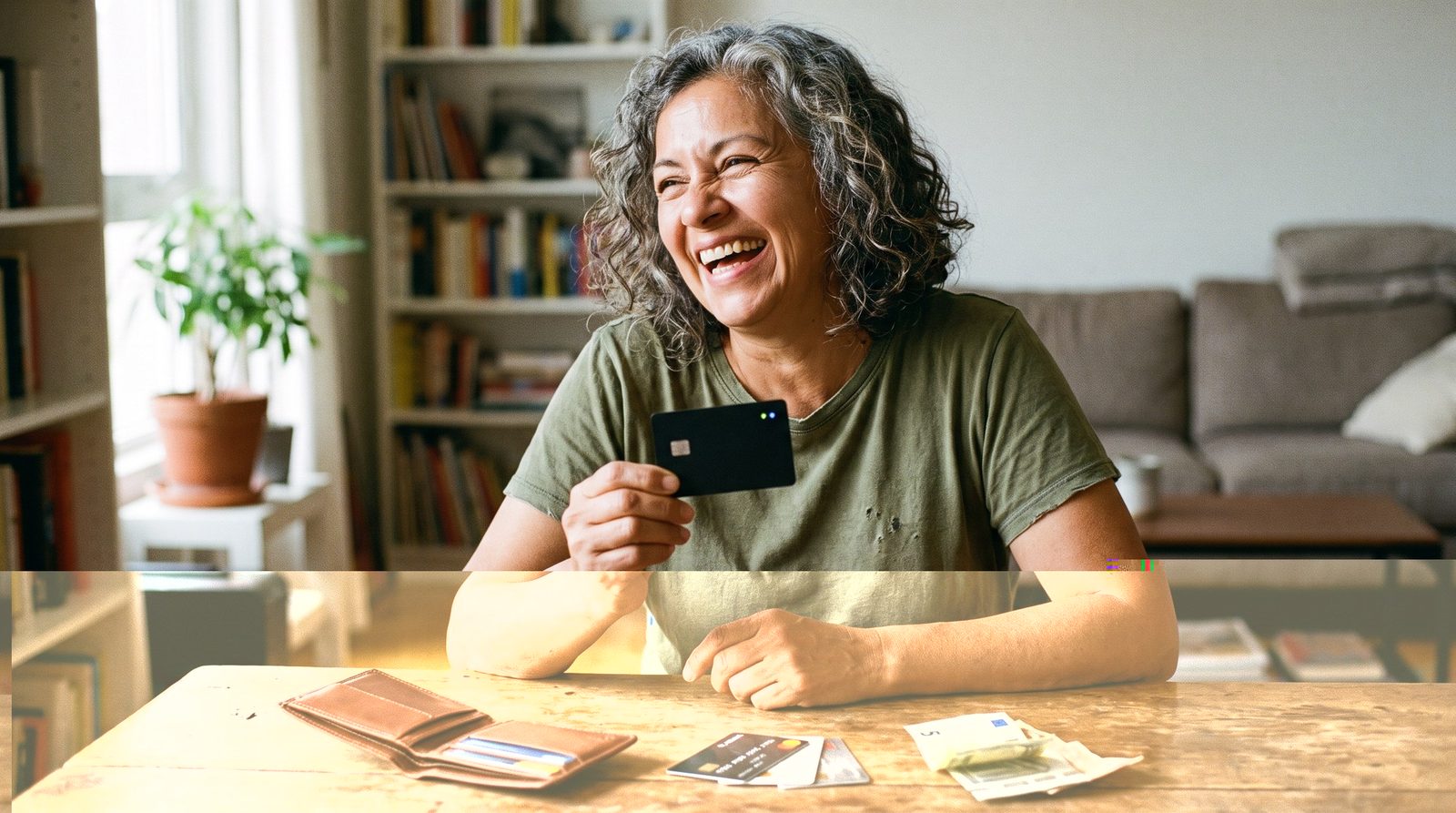 Una señora ríe mientras muestra su tarjeta localizadora en la mesa del comedor